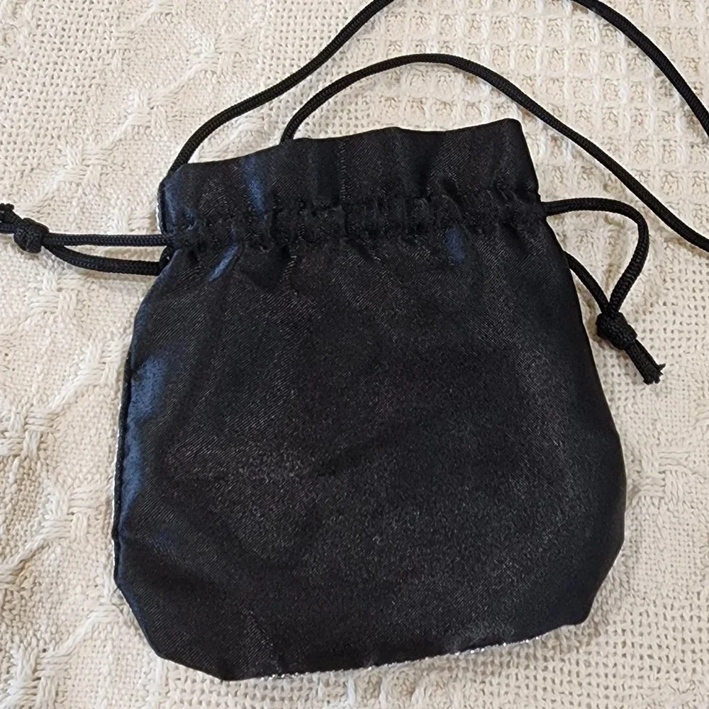 Vintage Mirror Compact + Black Satin Silver Stitching Sequin Evening Bag Purse